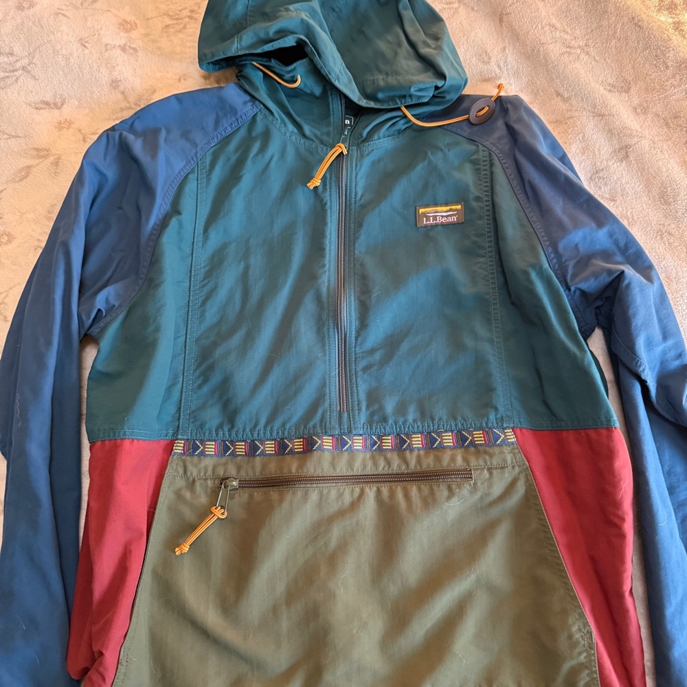 L.L.Bean Colorblock Hooded Anorak Jacket in Teal, Blue & Olive